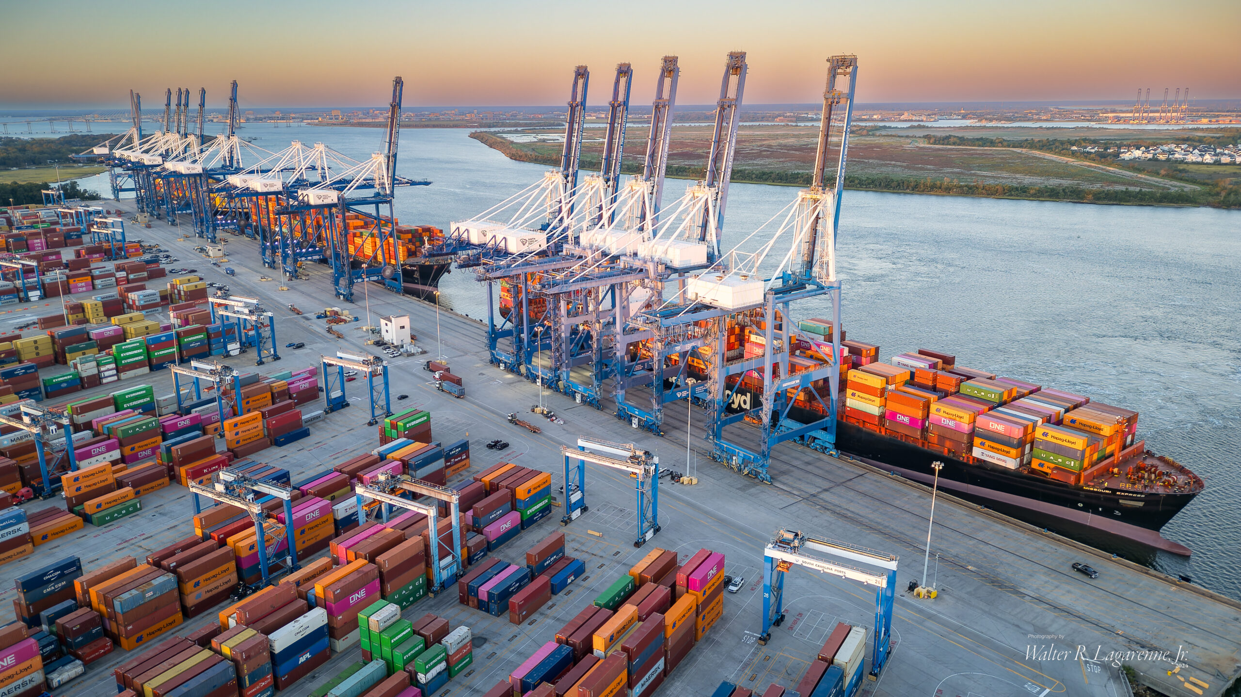 Three cargo ships being worked at Wando Welch Terminal in Mount Pleasant, SC.